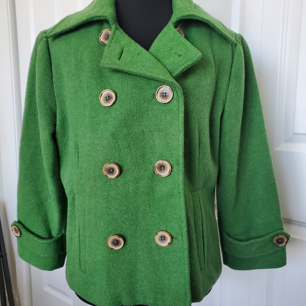 CAbi Green Peacoat with Wide Notched Lapels